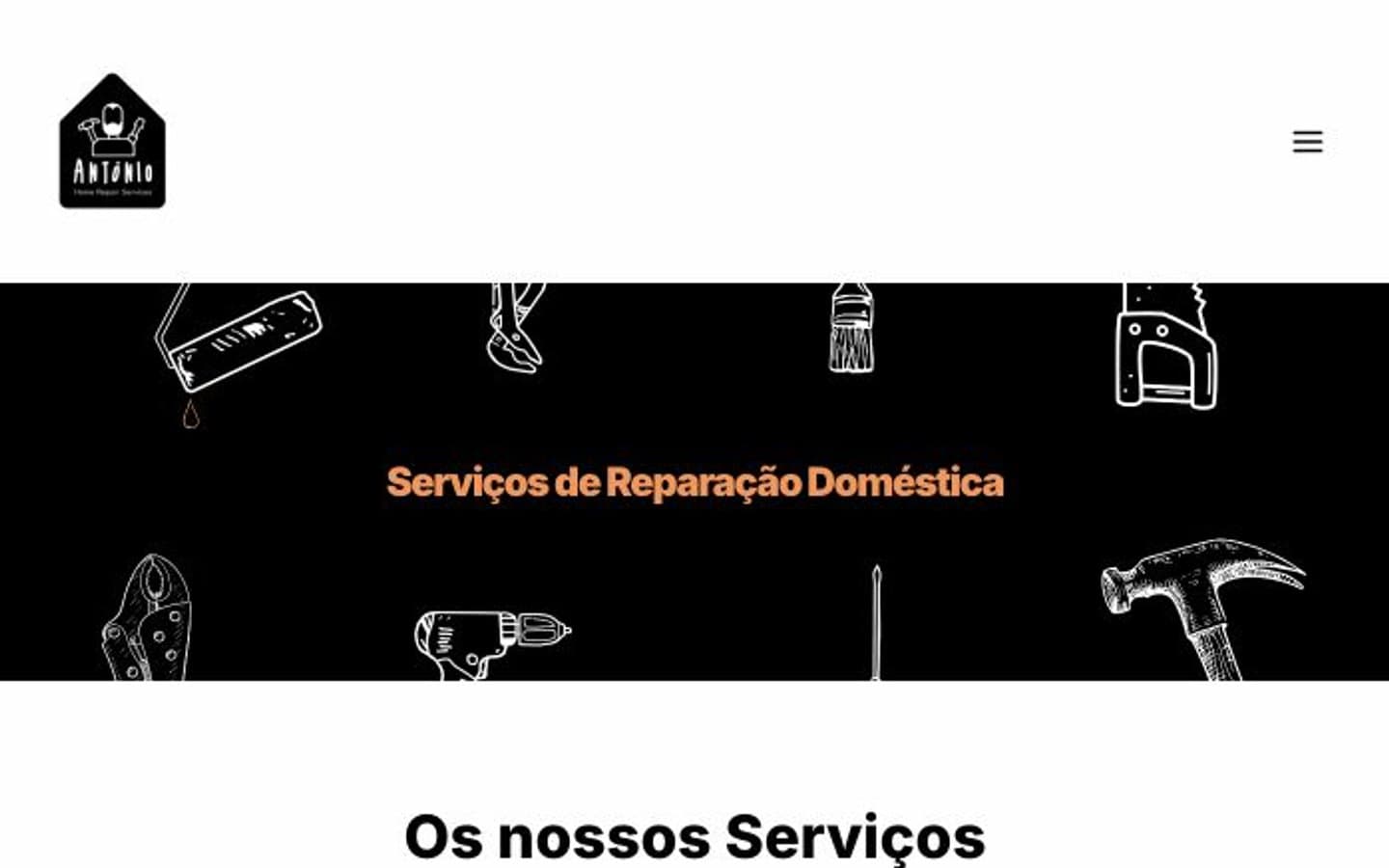 Página inicial da António Home Repair Services, com o título a laranja sobre um fundo preto com ilustrações de ferramentas.