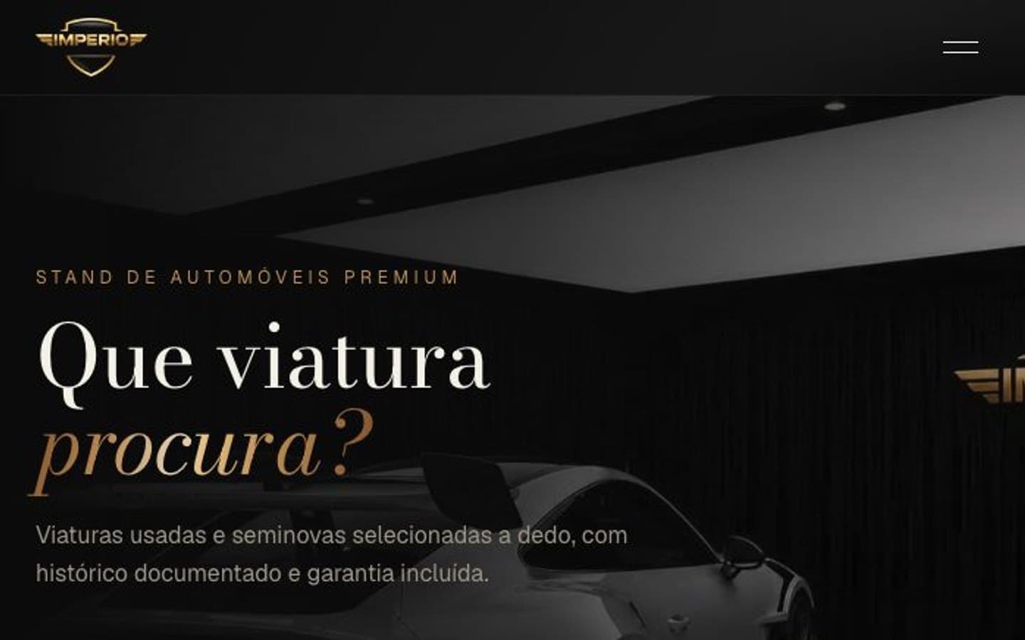 Página inicial do Império Auto Concept, com filtro de pesquisa por marca, modelo e combustível sobre uma fotografia de uma viatura.