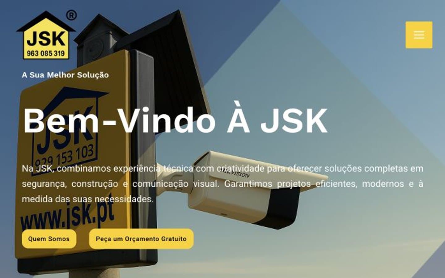 Página inicial da JSK, com o título de boas-vindas sobre uma fotografia de equipamento de videovigilância e um formulário de orçamento.