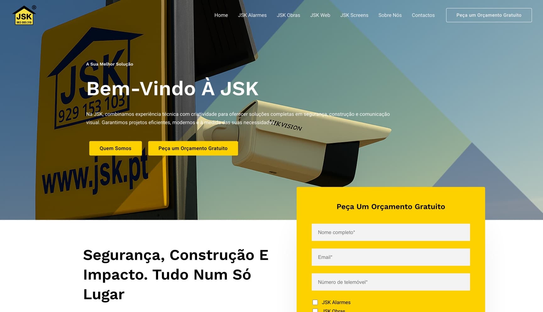 Página inicial da JSK, com o título de boas-vindas sobre uma fotografia de equipamento de videovigilância e um formulário de orçamento.