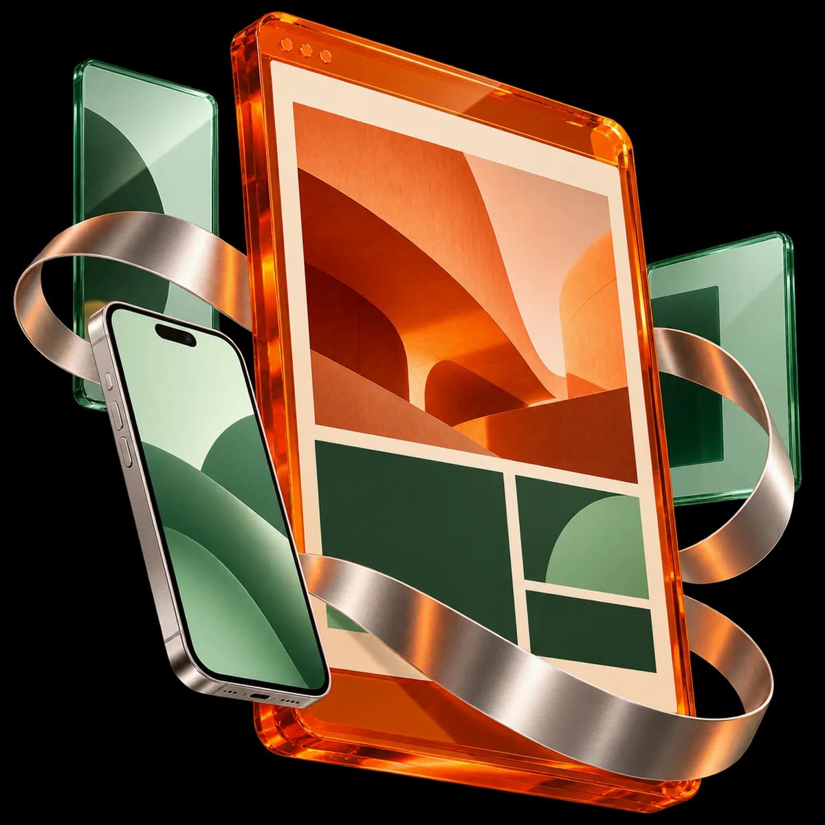 Composição de interfaces web e mobile em acrílico laranja, vidro verde e alumínio.